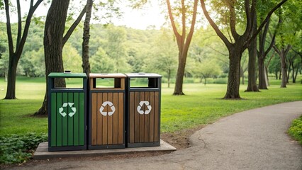 Recycling bins in a lush green park setting