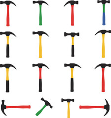 A comprehensive vector illustration set of claw hammers and various striking tools, ideal for construction, DIY, and handyman design projects. Essential toolkit.
