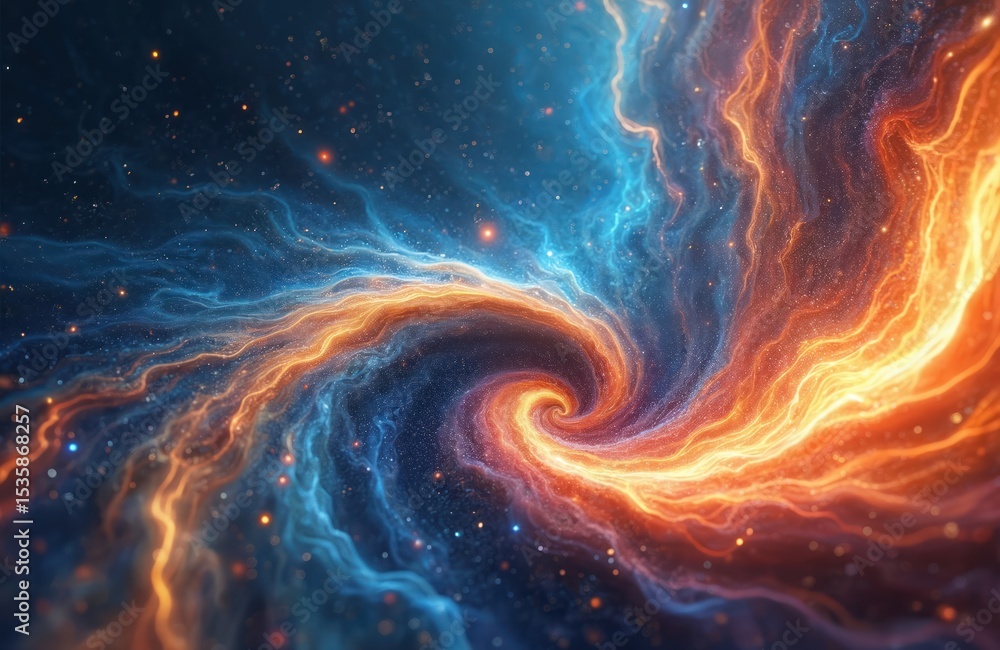 Poster Abstract cosmic swirl vibrant colors. Intricate flowing patterns blues oranges yellows reds. Scattered celestial bodies create vastness, depth. Universe background for sci-fi tech, space exploration.
