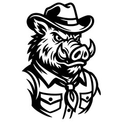 Wild Boar Cowboy Mascot in Vintage Black and White Vector Illustration