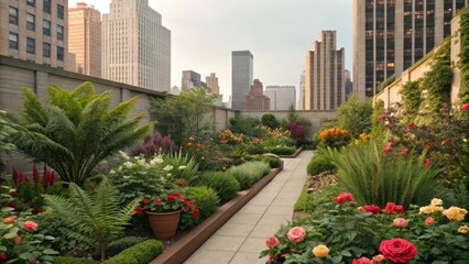 Fototapeta premium Rooftop garden oasis amidst city skyscrapers