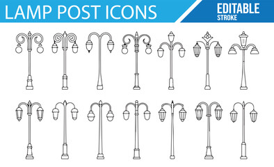 Outdoor Lighting and Lamp Post Icon Set for Public Space and Road Design

