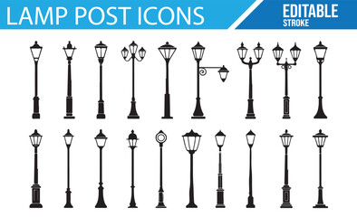 Set of Classic and Modern Street Lamp Post Icons for City and Urban Projects

