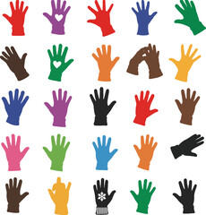 Colorful vector illustration set of diverse knitted gloves with various patterns, perfect for winter, fashion, and craft-related designs. Cozy apparel collection.