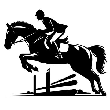 Show Jumping Silhouette Icon &ndash; Black Vector Horse and Rider Leaping Over Obstacle on White Background