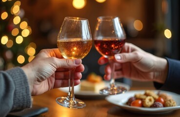 Two hands clink glasses of wine, whiskey. Celebrating toast with friends or colleagues at bar, pub. Cheers for social gathering, party. Night, evening, happy hour, relaxation and togetherness.