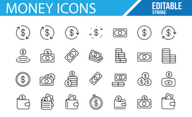 Business and Financial Icons Featuring Dollar Bills, Coins, and Payment Symbols

