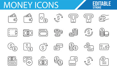 Business and Financial Icons Featuring Dollar Bills, Coins, and Payment Symbols

