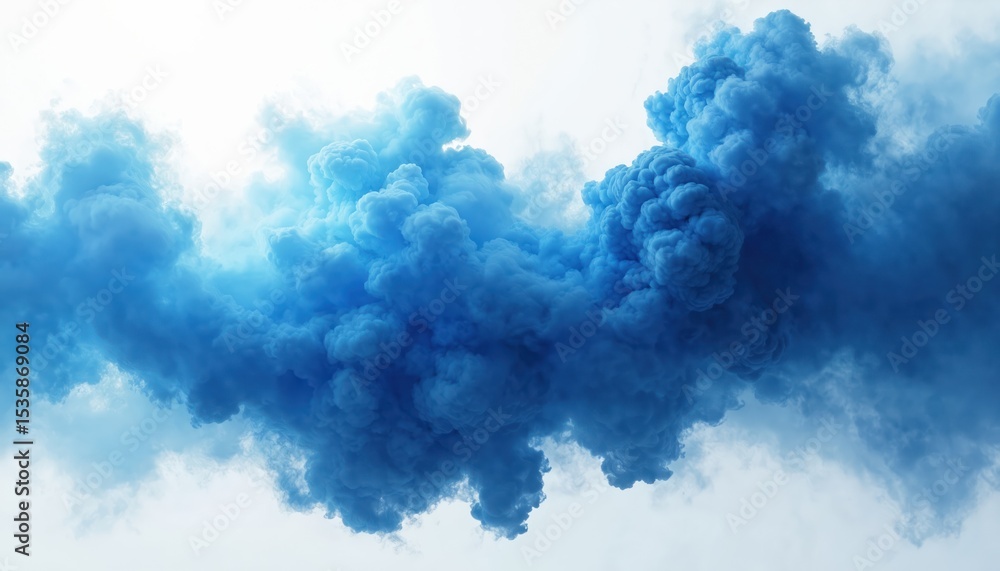 Poster abstract illustration of dense blue smoke clouds against white background. dynamic composition vapou