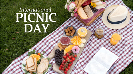 International picnic day celebration with food basket and blanket on the grass