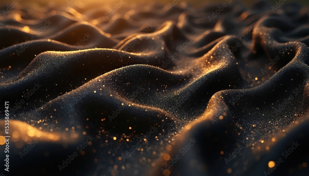 Poster Opulent black silk waves adorned with golden glimmers. Dance of light and shadow, luxurious shimmering waves with light reflections, creating rich, dynamic pattern for background or design.