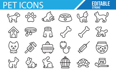 Fototapeta premium Collection of Pet and Animal Care Icons Featuring Dogs, Cats, and Veterinary Tools