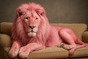 Pink lion portrait lying on a velvet sofa