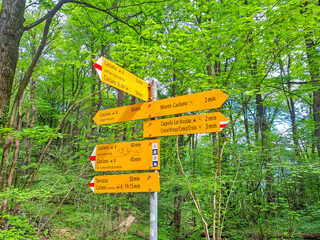 Caslano- Switzerland- 2 May 2025:Wooden signpost with yellow direction indicator