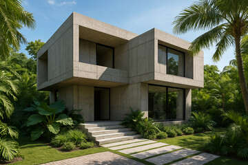 Brutalist-style house facade with tropical vegetation.