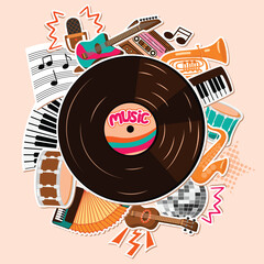 Music poster with vinyl record, disco ball, compact cassette, microphone, musical instruments, notes. Cartoon composition with saxophone, keyboards, accordion, guitar, drum, ukulele. Vector design.