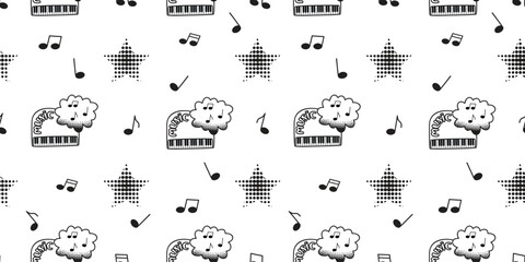 Music seamless pattern with graphic piano, footnotes, stars with textures, hand written and musical notes. Black and white print on fabric and paper. Vector design for textile, wallpaper, cover. 