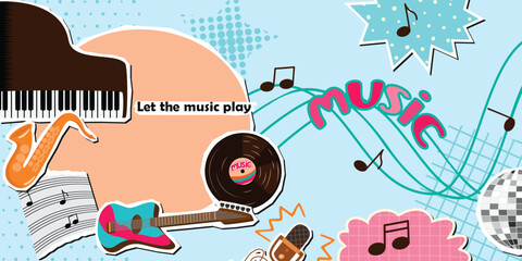 Music horizontal banner with vinyl record, piano, guitar, saxophone, microphone, footnotes, disco ball, notes. Pink, brown, orange colors on blue background with textures. Vector collage elements set.
