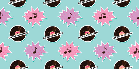 Let the music play seamless pattern with vinyl record and footnotes. Pink and brown colors on blue background. Vector design for printing on fabric and paper. Endless wallpaper, cover, textile.