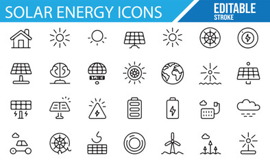 Editable Stroke Solar Energy Icons for Sustainable and Green Designs