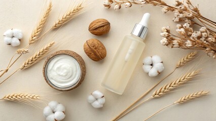 Natural skincare products wheat cotton walnuts