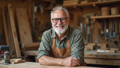 Elderly carpenter in workshop surrounded tools. Senior craftsman wearing apron, glasses, smiling, looking at camera with confidence. Handmade projects, woodworking tools. Authentic, skillful,