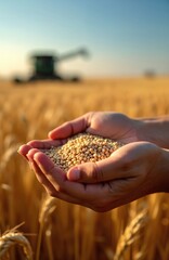 Hands holding grain against blurred wheat field and combine harvester backdrop. Rich harvest time concept. Agricultural banner. Wheat harvest on farmland, agriculture, rural, food production, bread.