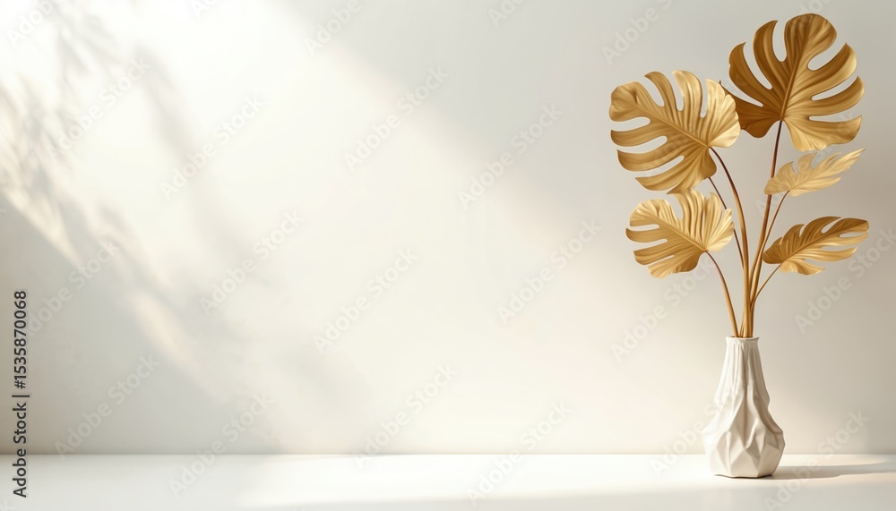 Aufkleber golden monstera leaf in white vase on table with shadow. minimalist tropical design. background for 