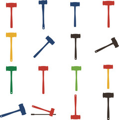 Vector illustration of colorful mallets and hammers in various angles and forms, ideal for representing carpentry, construction, legal, and auction concepts, isolated on white.