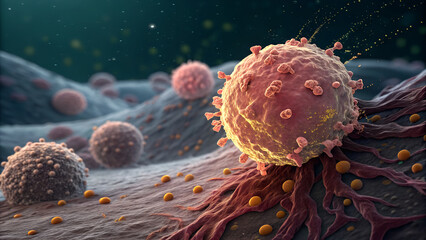 Cancer cells growing and spreading with microscopic detail in a digital illustration