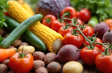 Fresh vegetables mix on wooden table. Tomatoes, cucumbers, corn, carrots, potatoes, beets, cabbage create colorful still life. Healthy eating, vegetarian food, natural organic diet, culinary
