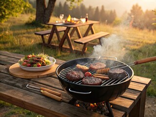 Summer bbq picnic grill burgers outdoors sunset