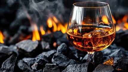 Brandy or cognac in a glass with ice on charcoal