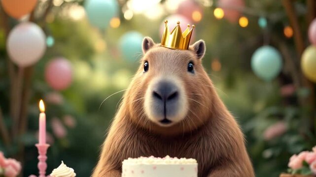 Capybara wearing crown looking at the camera while sitting upright at birthday table with cake and candle. Funny animal birthday party concept. pet brand, wildlife merch, kids event concept