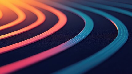 Fototapeta premium Abstract close-up of colorful curved lines glowing in warm orange and cool blue hues on a dark textured surface.