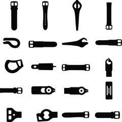 Vector illustration featuring a comprehensive collection of watch bands, straps, cases, and essential watch band tools in silhouette, ideal for horology, accessories, and repair designs.