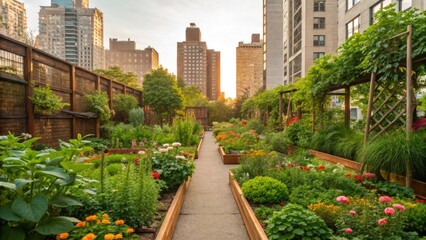 Fototapeta premium Urban rooftop garden blooming flowers cityscape