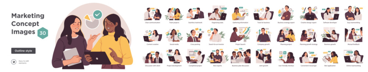 Collection of 30 editable flat outline illustrations for marketing concepts like teamwork, content creation, business planning, and communication.