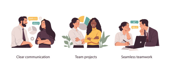 Flat vector illustrations showing professionals working on team projects, communicating clearly, and collaborating seamlessly in a business environment.