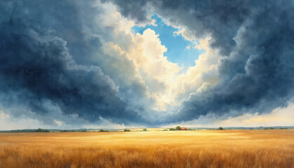 Watercolor painting depicts dramatic stormy sky over golden field. Captures nature beauty with power of elements. Artistic artwork, scenery of countryside landscape with dark sky over fields.