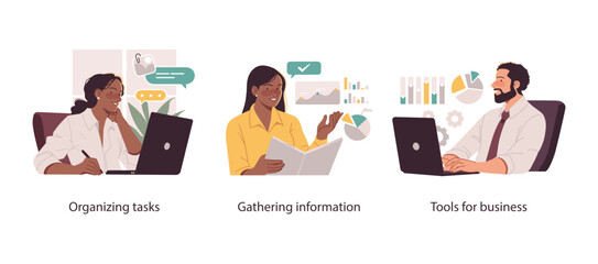 Illustrations of professionals managing tasks, gathering data insights, and using digital tools to support modern business operations and planning.