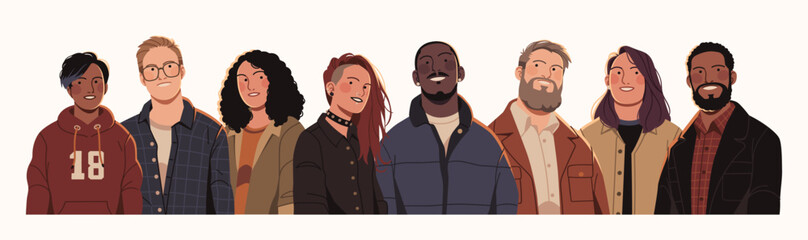 Flat illustration of a diverse group of young adults in modern clothing, representing unity, inclusivity, and individuality across cultures and styles.