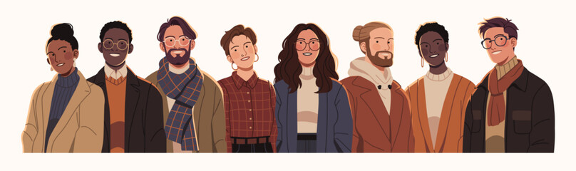 Flat illustration of a diverse group of young adults in modern clothing, representing unity, inclusivity, and individuality across cultures and styles.