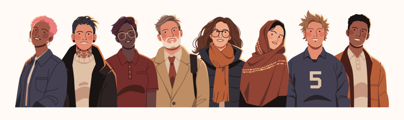 Flat illustration of a diverse group of young adults in modern clothing, representing unity, inclusivity, and individuality across cultures and styles.