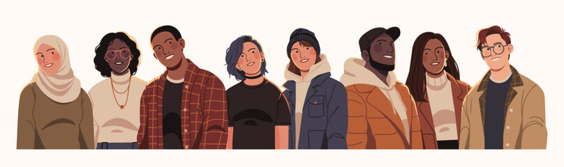 Flat illustration of a diverse group of young adults in modern clothing, representing unity, inclusivity, and individuality across cultures and styles.
