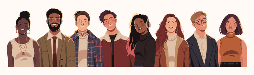 Flat illustration of a diverse group of young adults in modern clothing, representing unity, inclusivity, and individuality across cultures and styles.