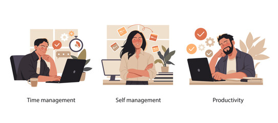Flat illustrations showing professionals managing time, improving productivity, and staying organized through effective self-management techniques and tools.