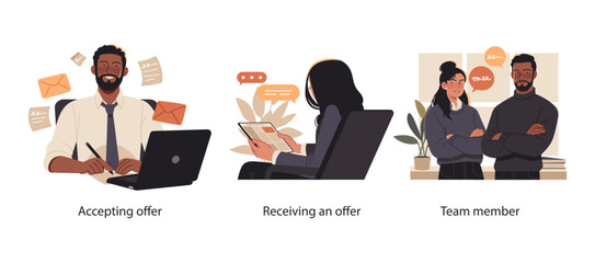 Flat illustrations showing professionals receiving and accepting job offers, and new team members joining the workplace environment with confidence.