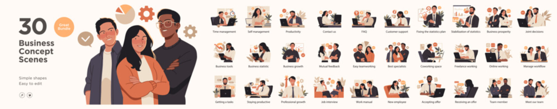 A bundle of 30 editable flat illustrations showing key business scenes, including productivity, teamwork, communication, hiring, and remote work concepts.