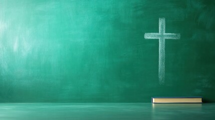 Chalk drawn cross on teal classroom board